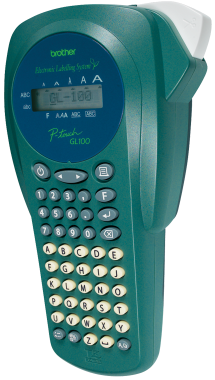 Brother P-touch GL100 handheld label maker with turquoise case, compact LCD and alphabetic A–Z keys