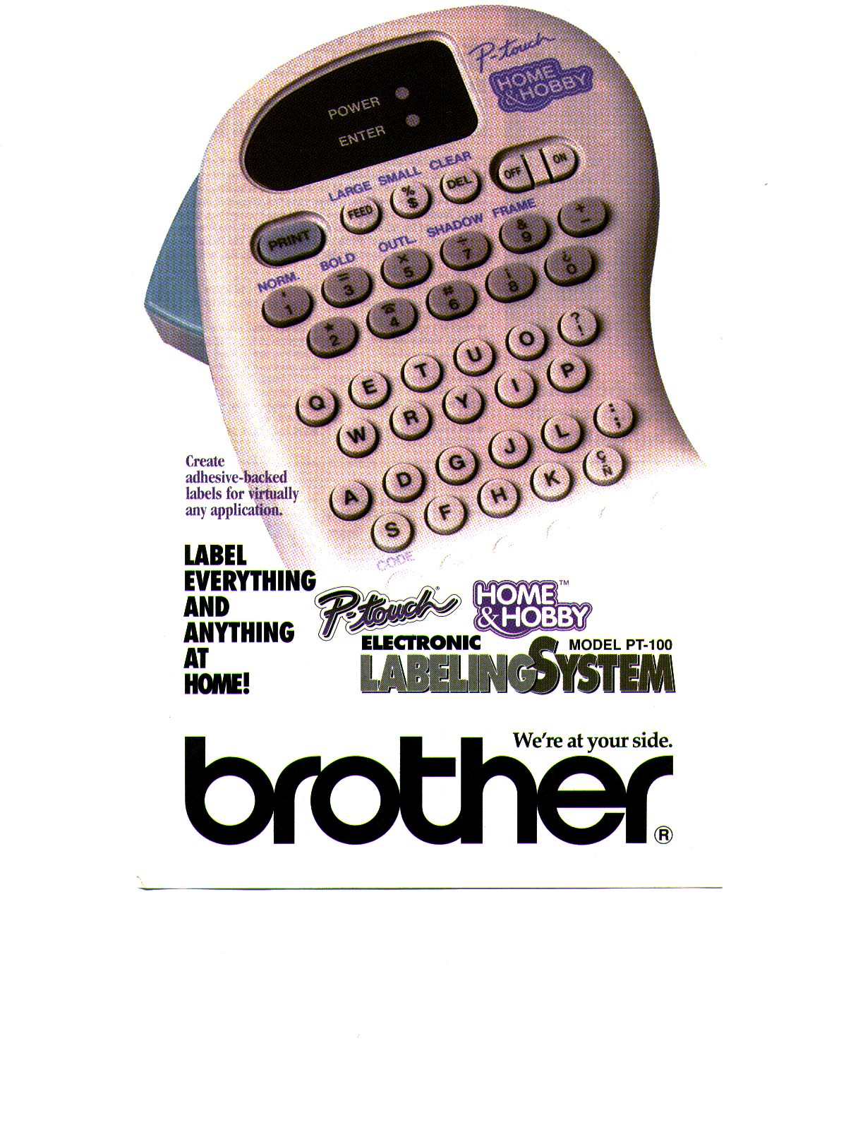 Brother P-touch PT-100 Home & Hobby label maker in its model-specific U.S. brochure, showing the alphabetical keypad and indicator area