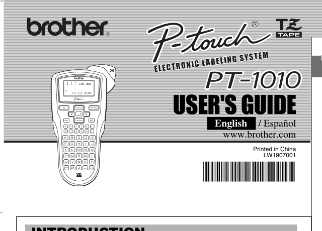 Brother PT-1010 handheld label maker as drawn on the cover of its official U.S. user guide; PT-1010RDT bundle contents are not shown.