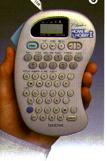 Brother P-touch PT-110 Home & Hobby II handheld labeler, shown in the manufacturer brochure beside the PT-110 feature description