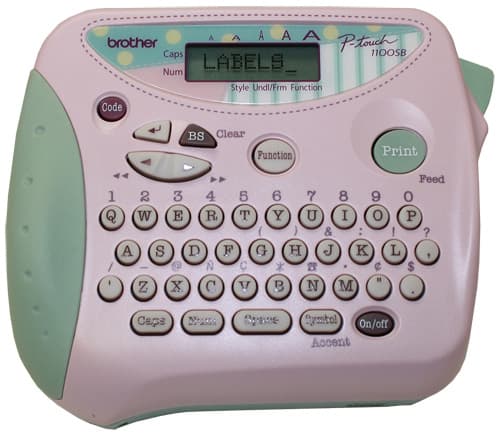 Brother P-touch PT-1100SB pink and mint handheld label maker with QWERTY keyboard; the model marking is visible on the device.