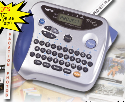 Brother P-touch PT-1180 handheld label maker with silver body, blue side grips, QWERTY keypad and small LCD