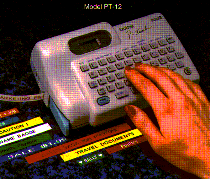 Brother P-touch PT-12 label maker in a historic Brother promotional brochure, with its QWERTY keyboard and display visible
