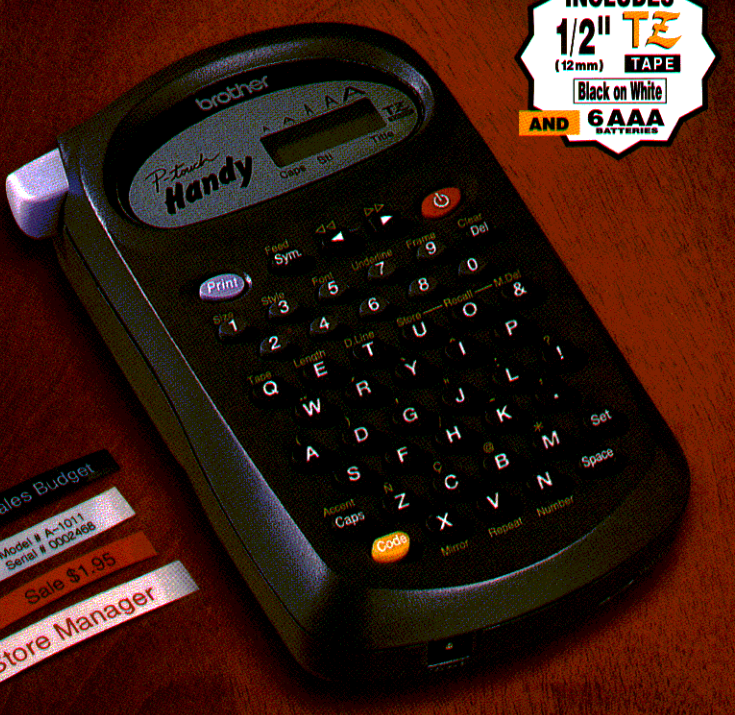 Brother PT-1200 handheld QWERTY label maker shown in its official product brochure, with the model’s compact LCD and keypad visible