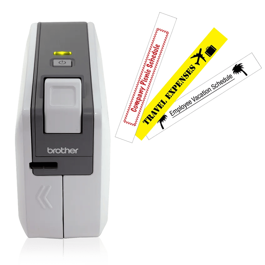 Brother PT-1230PC compact white-and-gray computer-connected label maker with example labels