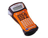 Brother PT1650 handheld label maker in orange housing with graphic display and alphabetical keys, shown at a three-quarter angle