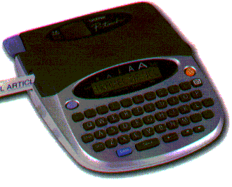 Brother P-touch PT-1750 blue-and-gray desktop label maker with broad QWERTY keypad, shown in a period Brother brochure