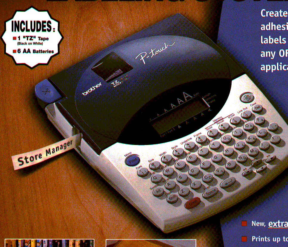 Brother P-touch PT-1800 standalone label maker with QWERTY keyboard, cropped from its exact-model Brother brochure