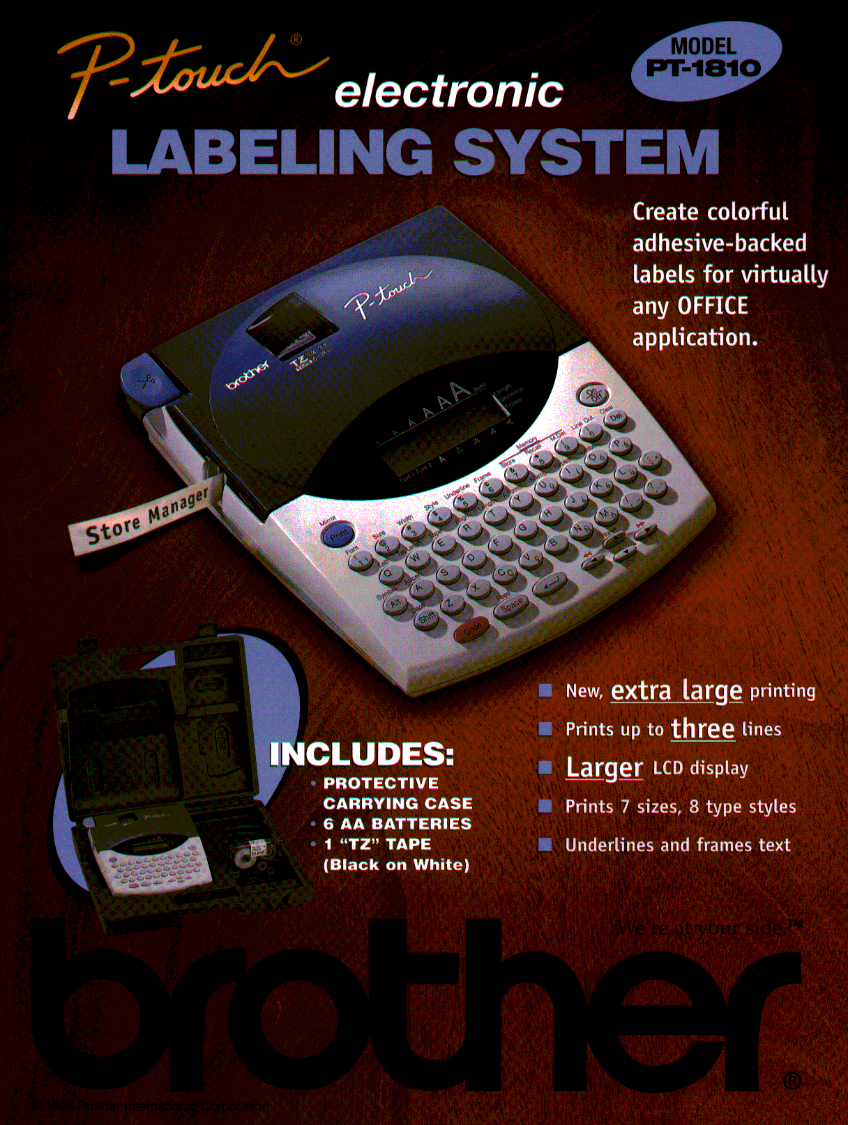 Brother P-touch PT-1810 QWERTY desktop label maker pictured in Brother’s brochure, with the brochure’s carrying-case/package callouts