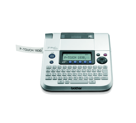 Brother P-touch PT-1830 desktop label maker with its QWERTY keyboard and narrow strip exiting from the left