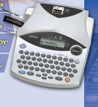 Brother P-touch PT-1950 desktop label maker with QWERTY keyboard and two-line display, shown in a period Brother brochure