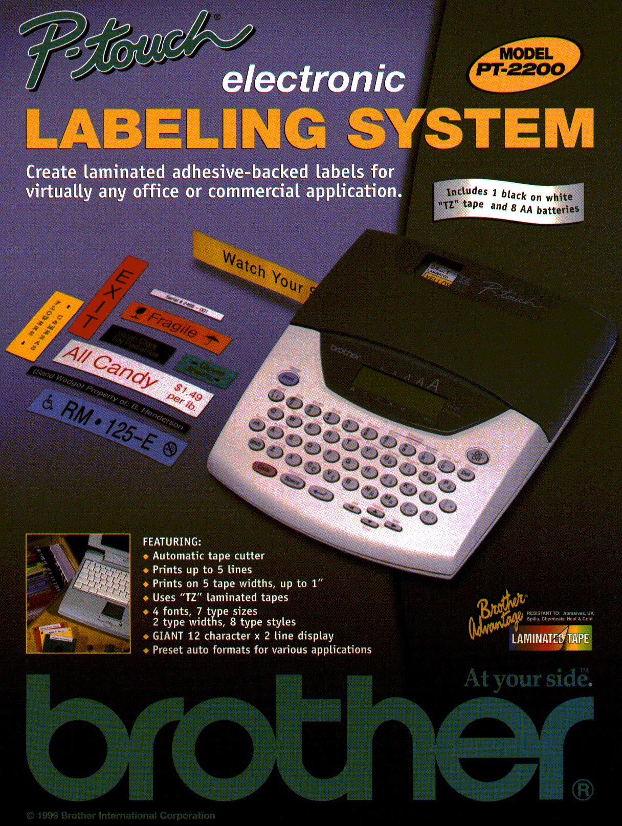 Brother P-touch PT-2200 keyboard label maker shown on the model-specific 1999 brochure cover, with cassette and battery callout