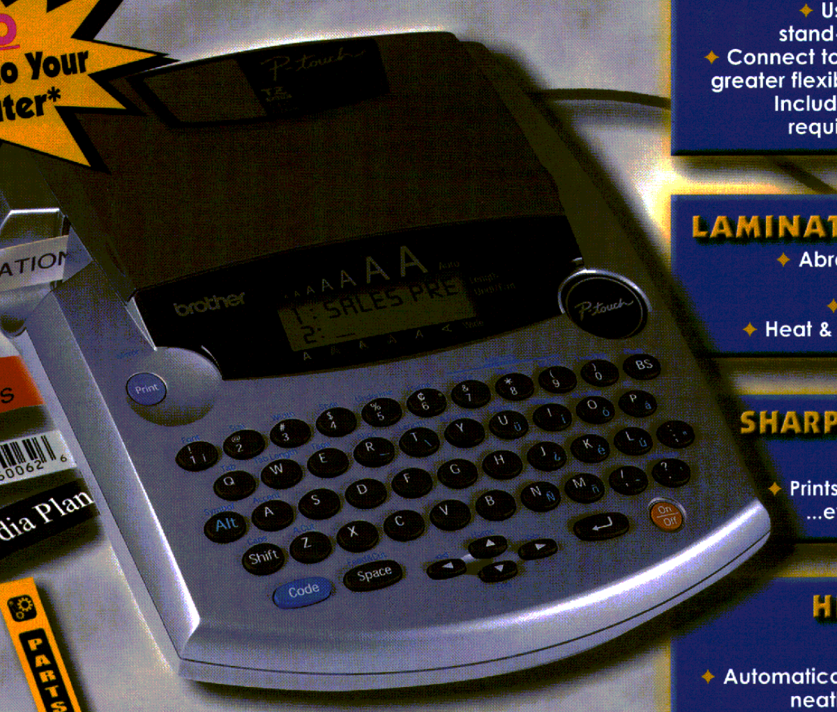 Brother P-touch PT-2300 Electronic Labeling System, cropped from Brother’s exact U.S. brochure; the original brochure does not identify the image as photograph or render