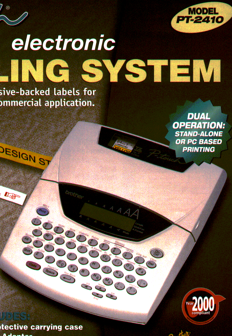 Brother PT-2410 desktop P-touch QWERTY label maker shown in the exact-model Brother brochure