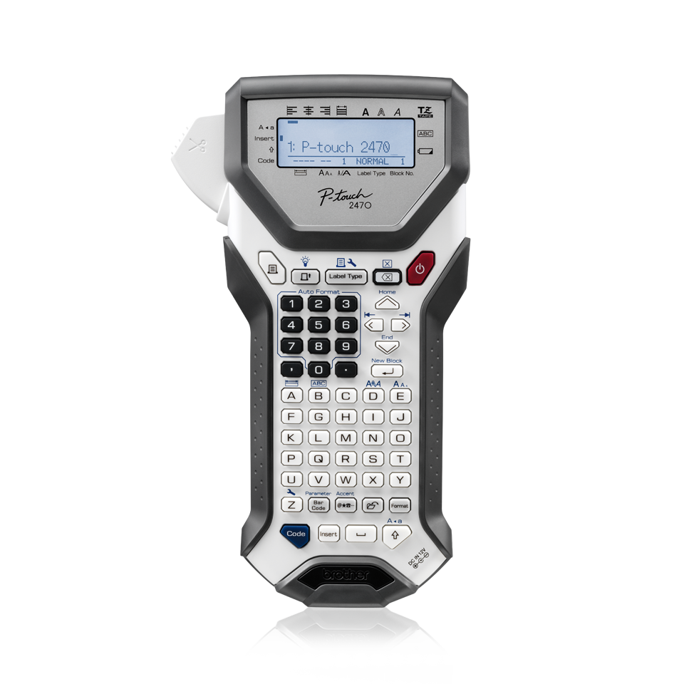 Brother P-touch PT-2470 handheld label maker with backlit display, QWERTY keyboard, dedicated number keys and manual cutter