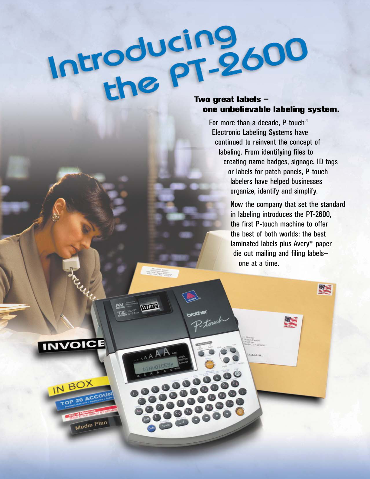 Brother P-touch PT-2600 shown in its exact-model 2002 promotional brochure page beside printed label examples