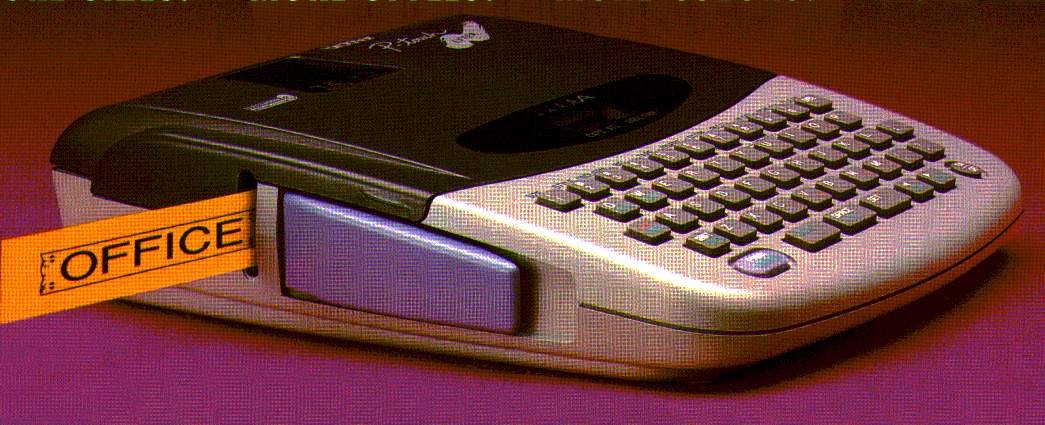 Brother P-touch PT-300 shown with its QWERTY keypad and a printed OFFICE label in the original Brother product brochure