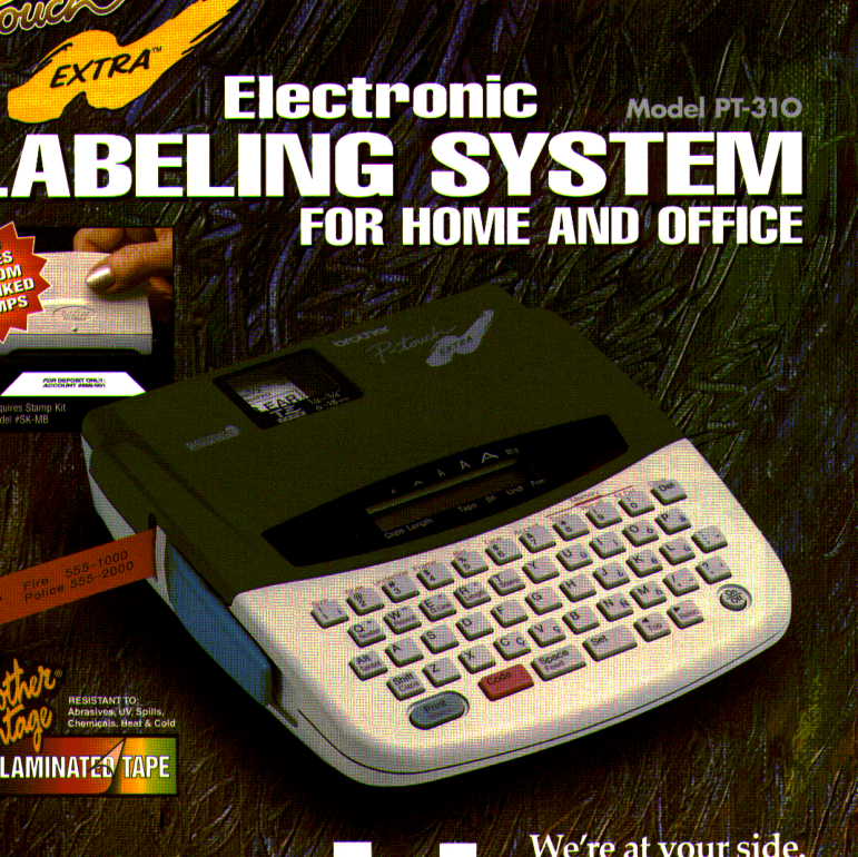 Brother PT-310 electronic labeling system with its tabletop QWERTY keyboard, as shown on the Brother U.S. brochure page identifying Model PT-310
