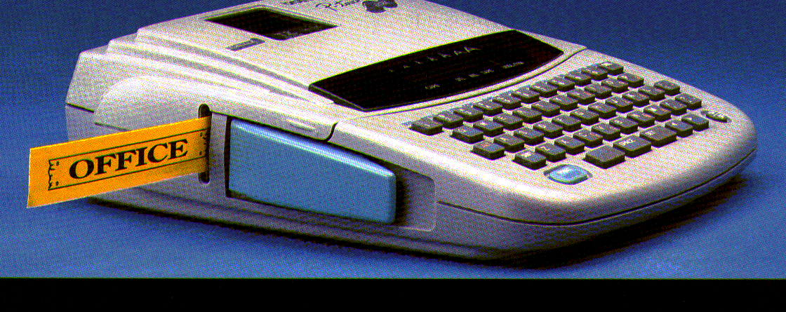 Brother P-touch PT-340 handheld label maker with QWERTY keyboard and sample office label, cropped from the official Brother brochure