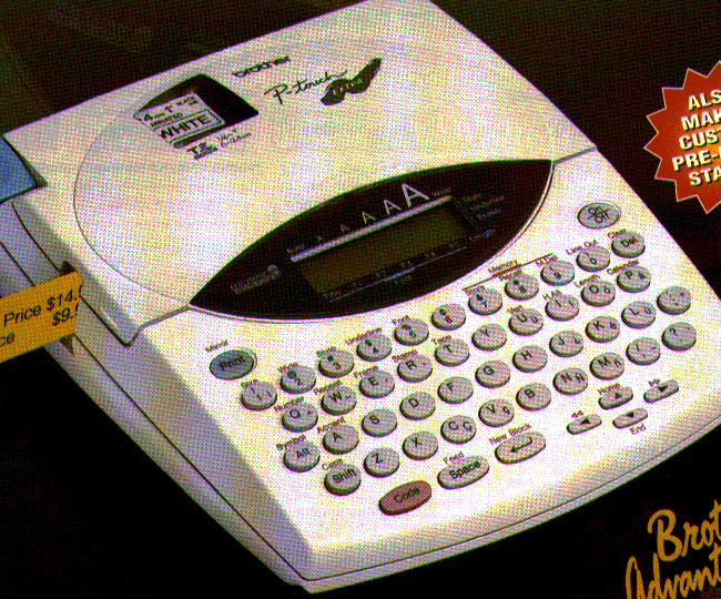Brother P-touch PT-350 standalone label maker with QWERTY keyboard, cropped from the exact-model Brother brochure