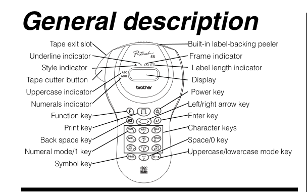 Brother PT-55 family manual line drawing of the keypad and cutter; used as a family reference for PT55S, not a PT55S product photograph or finish-specific rendering