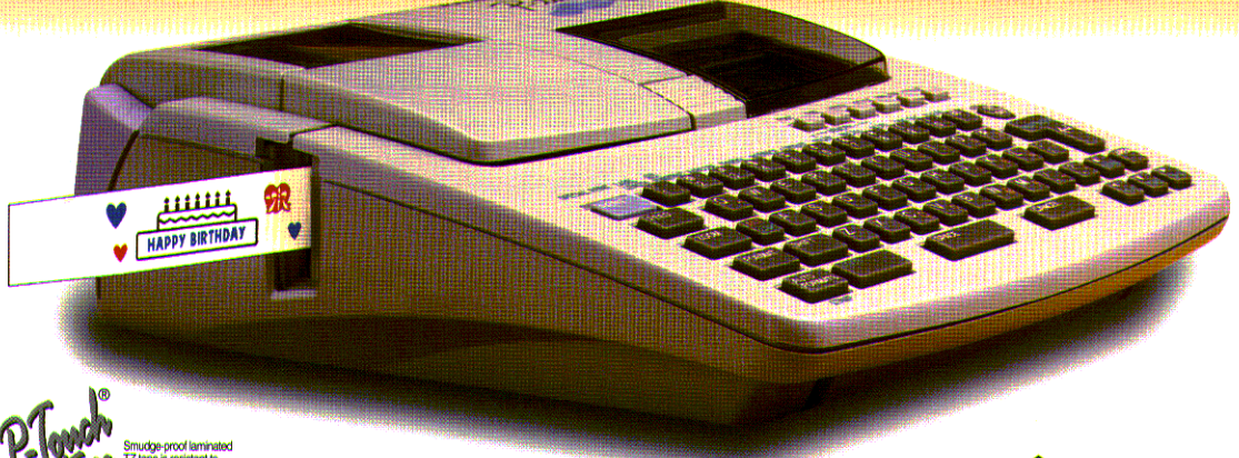 Brother P-touch PT-580C desktop keyboard label maker shown on its historic Brother brochure, with a sample label emerging at left