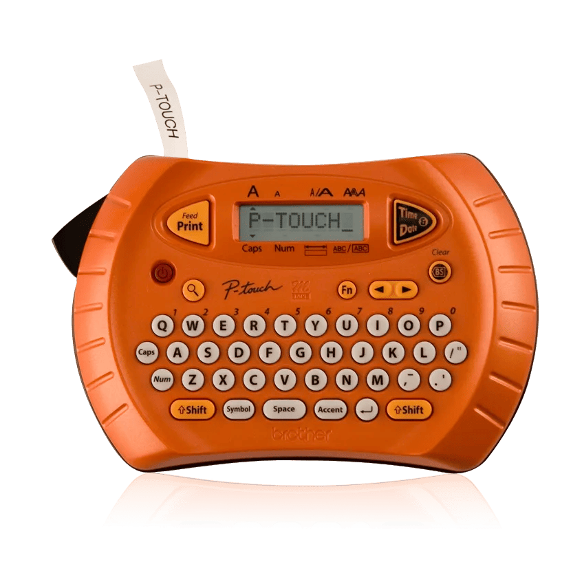 Brother P-touch PT-70 orange handheld label maker with a QWERTY keyboard, compact LCD and Feed/Print and Time/Date buttons