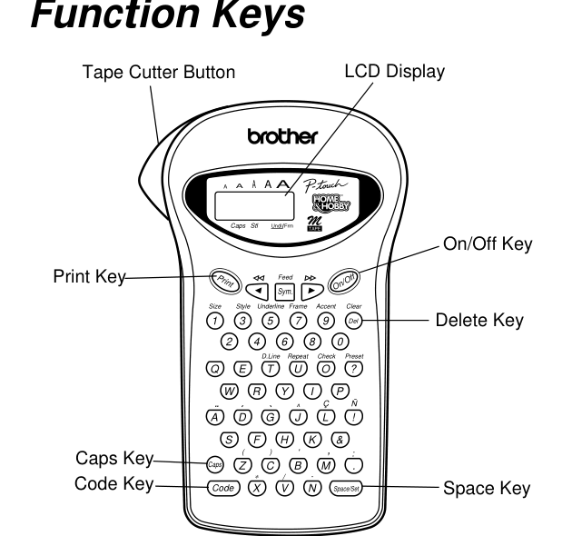 Brother P-touch PT-75 Home & Hobby line illustration showing its QWERTY keypad, display and manual cutter