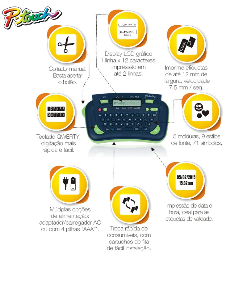 Brother P-touch PT-80 handheld QWERTY labeler shown in the official Brother Brazil feature graphic
