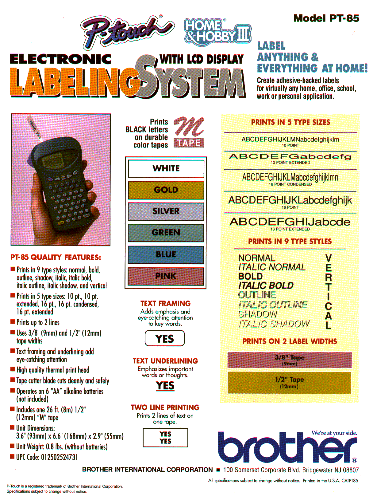 Brother U.S. PT-85 Home & Hobby III brochure page showing the handheld label maker, M tape and listed features