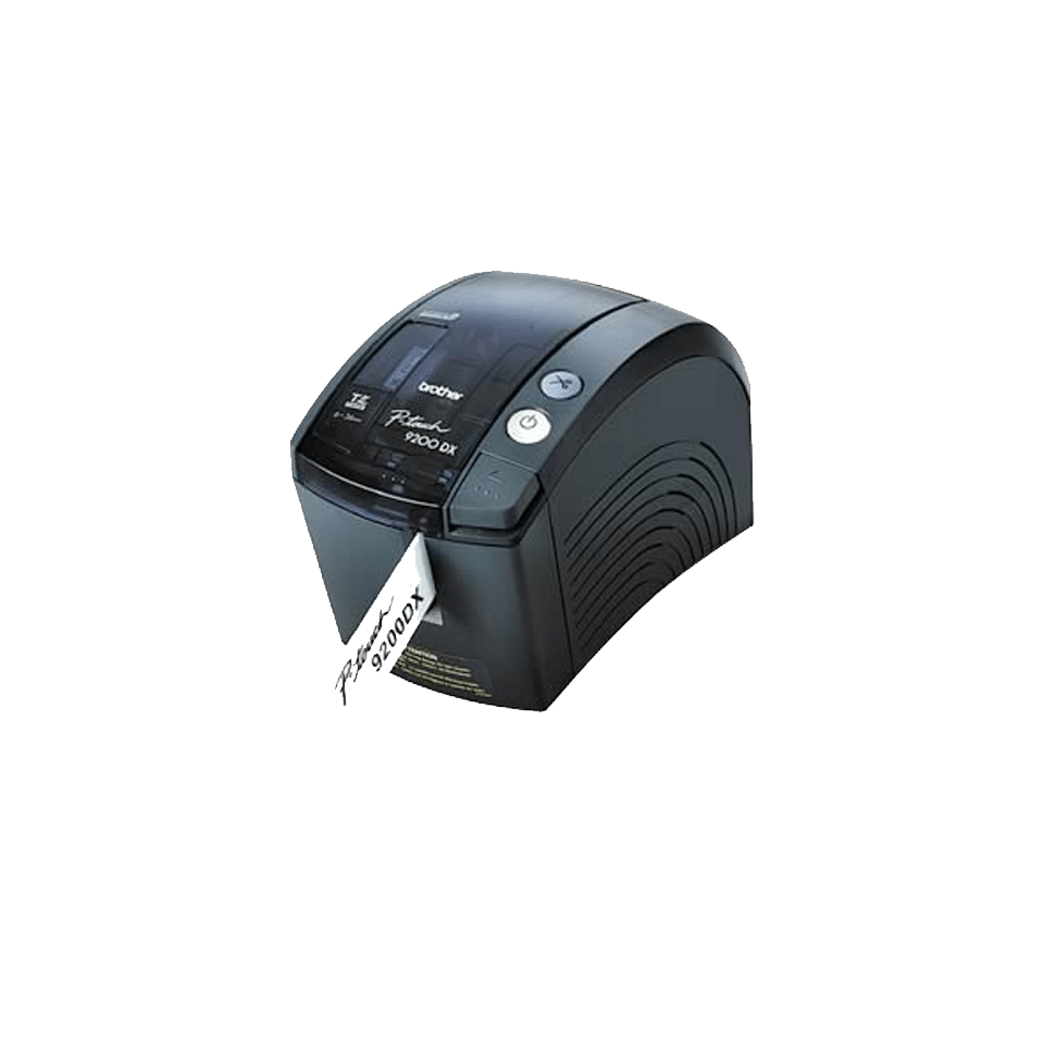 Brother P-touch PT-9200DX desktop label printer, showing its compact gray housing and front tape outlet