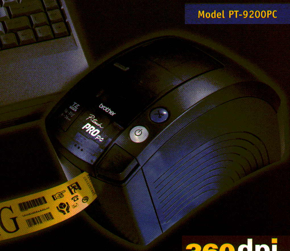 Period Brother brochure image showing a PT-9200PC serial label printer with a sample label; the brochure prints the exact model name.