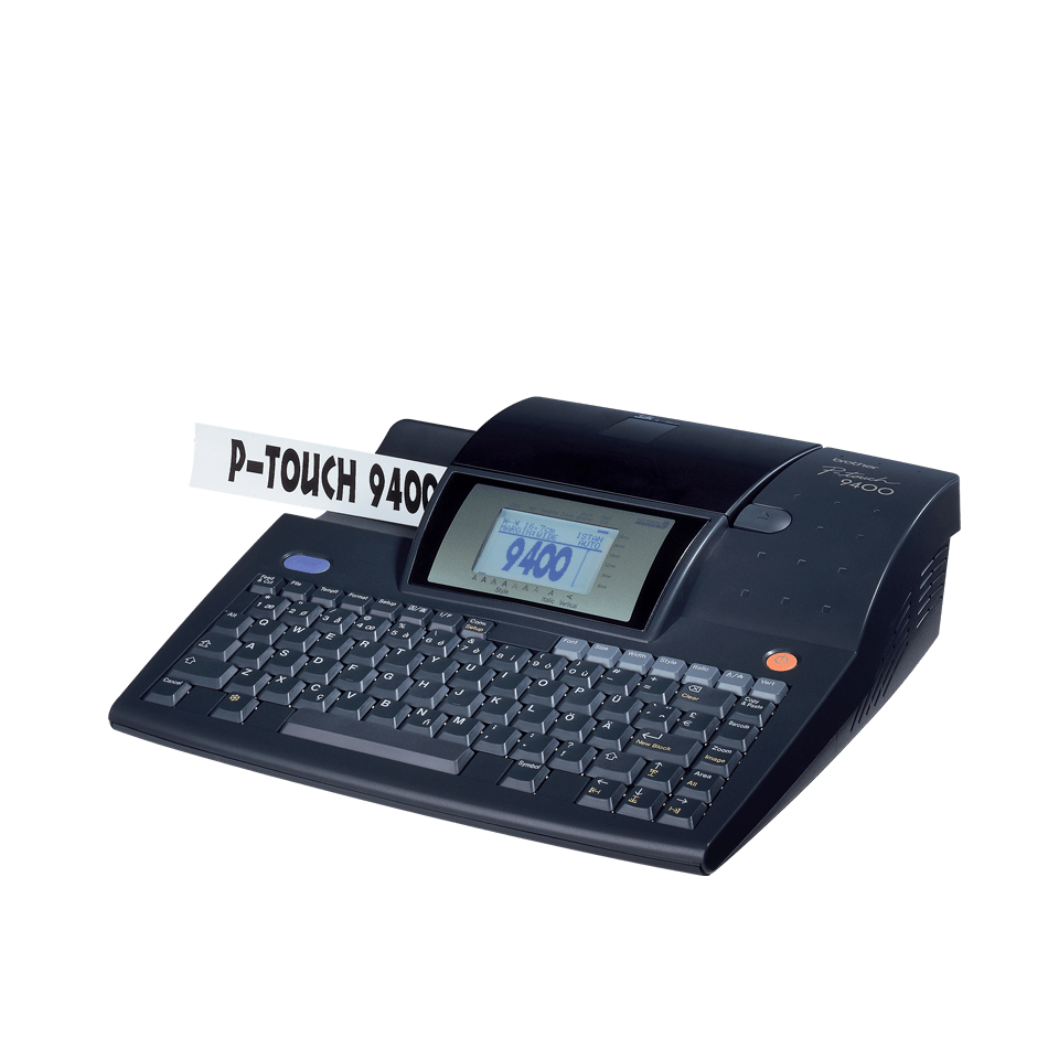 Brother P-touch PT9400 full-size dark desktop label maker with a sample PT-TOUCH 9400 label