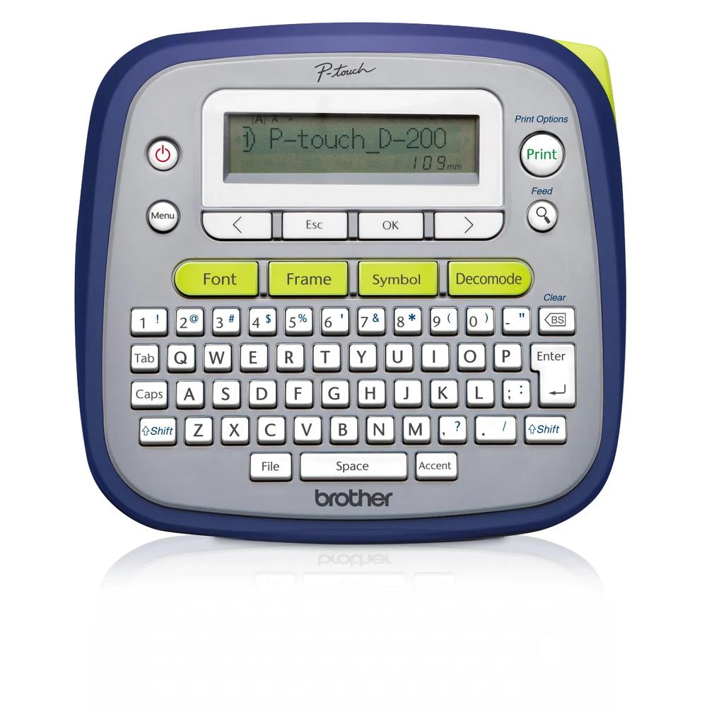 Brother PT-D200G grey and navy handheld/desktop P-touch label maker with QWERTY keypad, one-line graphical display, lime-accented shortcut keys and a white reflected background
