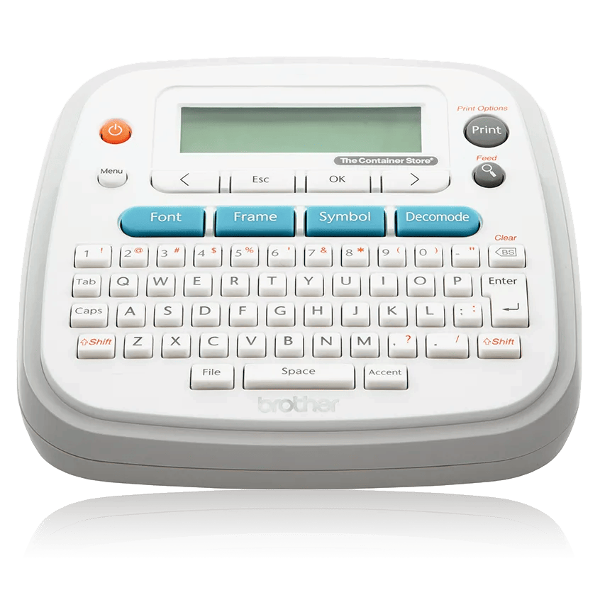 Brother PT-D201CS white handheld label maker with one-line display, blue Decomode row and QWERTY keyboard