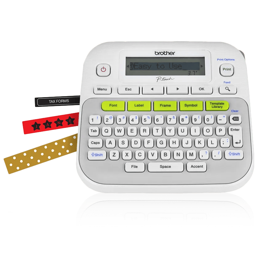 Brother P-touch PT-D210 standalone label maker showing its QWERTY keyboard, one-line display and direct-format keys