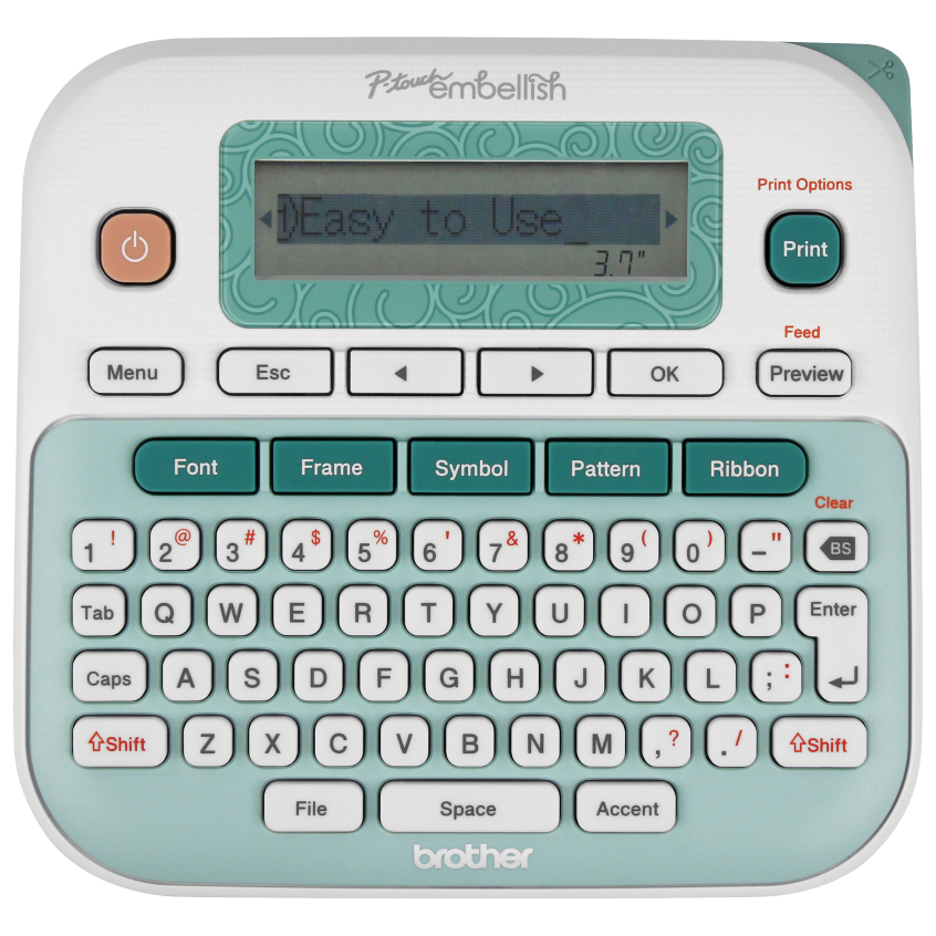 Brother P-touch PT-D215e Embellish white and mint QWERTY ribbon-and-tape printer with dedicated Ribbon key
