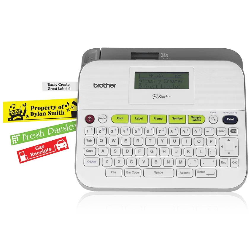 Brother P-touch PT-D400 white-and-light-gray desktop label maker with graphical display and QWERTY keyboard