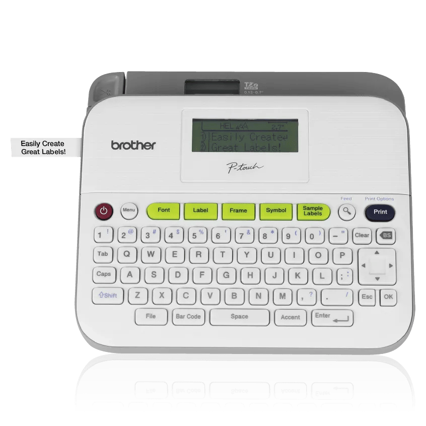 Brother PT-D400AD white and light-gray desktop label maker with QWERTY keyboard, monochrome display, and wide-format casing