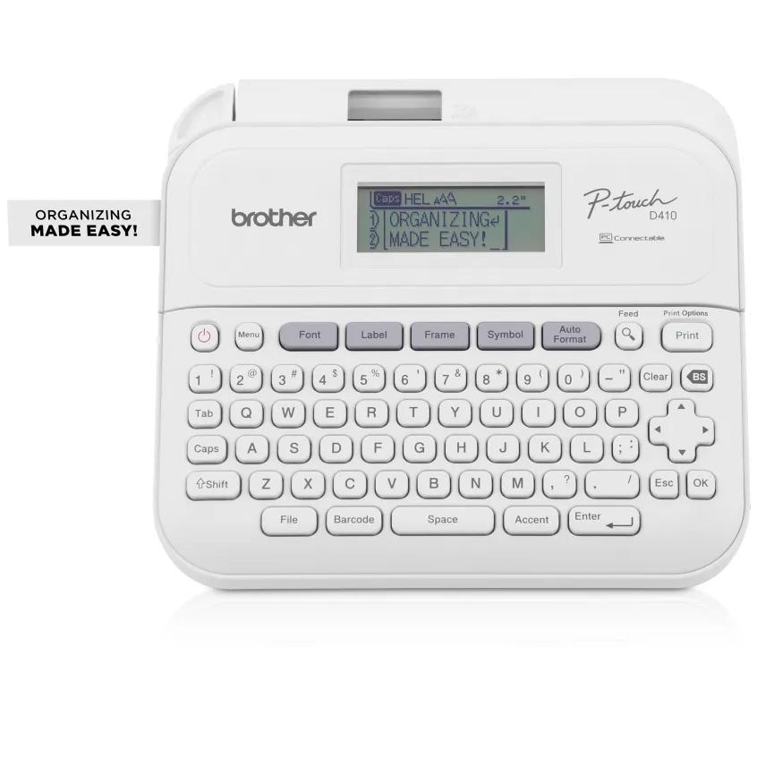 Brother P-touch PT-D410 desktop label maker with broad QWERTY keyboard and two-line display