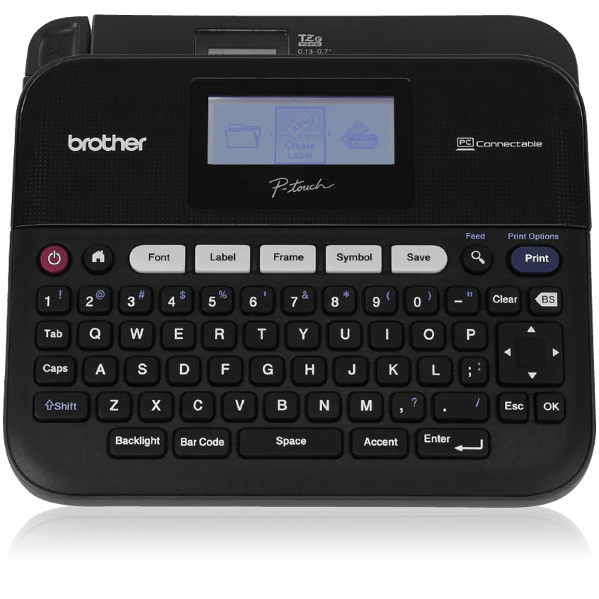Brother PT-D450 dark gray desktop label maker with backlit graphical display and full QWERTY keyboard
