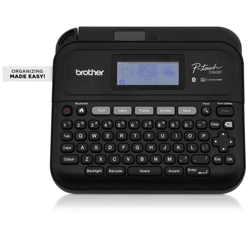 Brother P-touch PT-D460BT connected desktop label maker with QWERTY keyboard, backlit monochrome display and Bluetooth marking