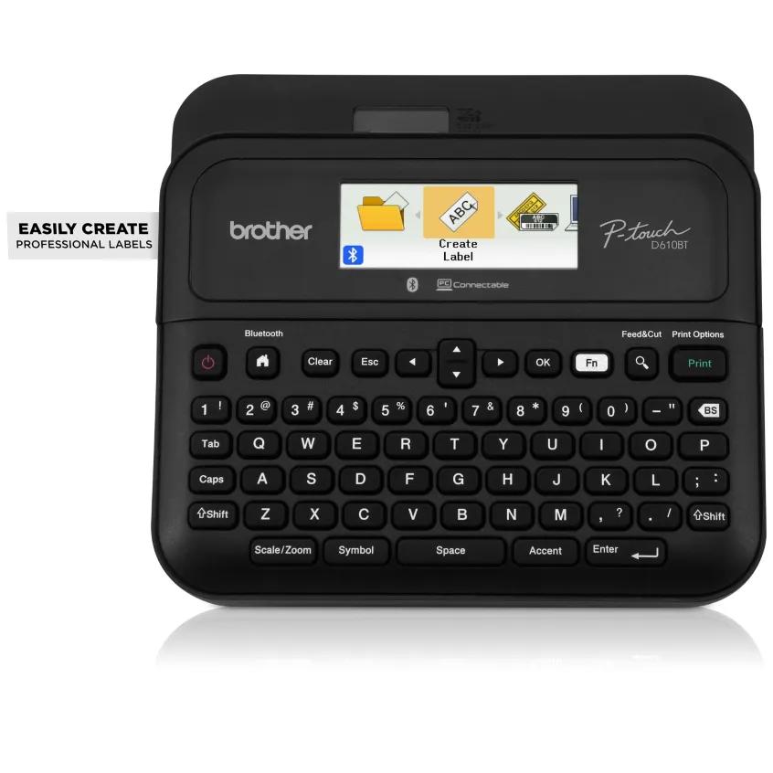 Brother P-touch PT-D610BT connected desktop label maker with QWERTY keyboard, color display and automatic-cutter controls