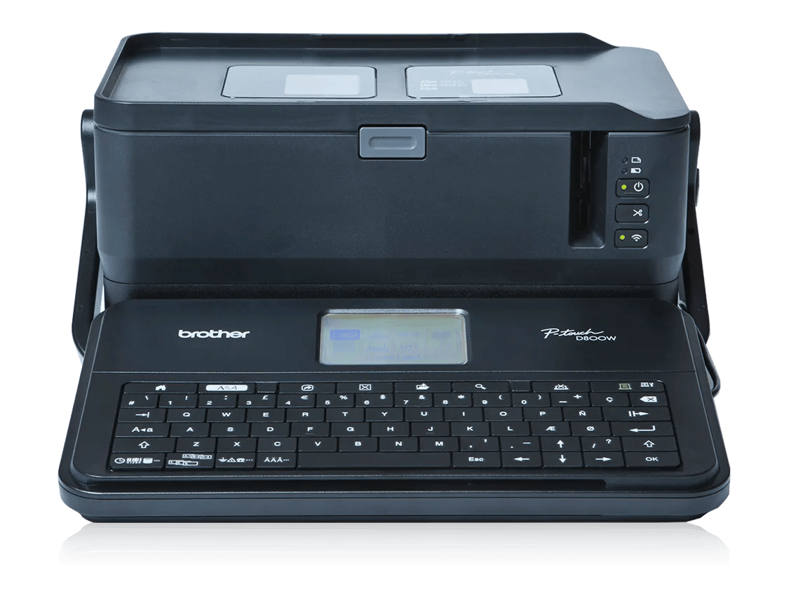 Brother P-touch PT-D800W wide label maker shown with its cassette bay open and the fold-down QWERTY keyboard attached