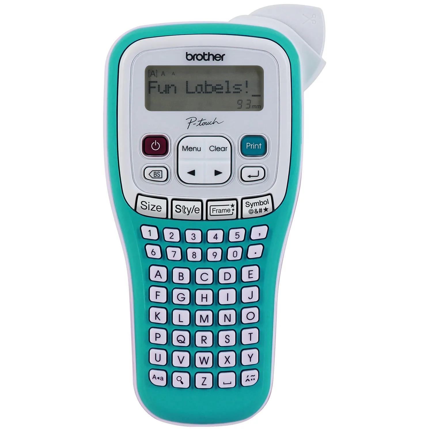 Brother P-touch PT-H103W teal-and-white handheld label maker with one-line display and alphabetically arranged keys
