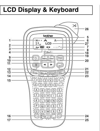 Brother PT-H105 handheld label maker as shown in the exact-model U.S. User’s Guide line illustration; the visible A–Z keypad differs from the online QWERTY claim