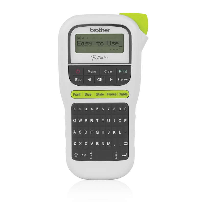 Brother P-touch PT-H110 white-and-gray handheld label maker with one-line display, green control strip and QWERTY keyboard