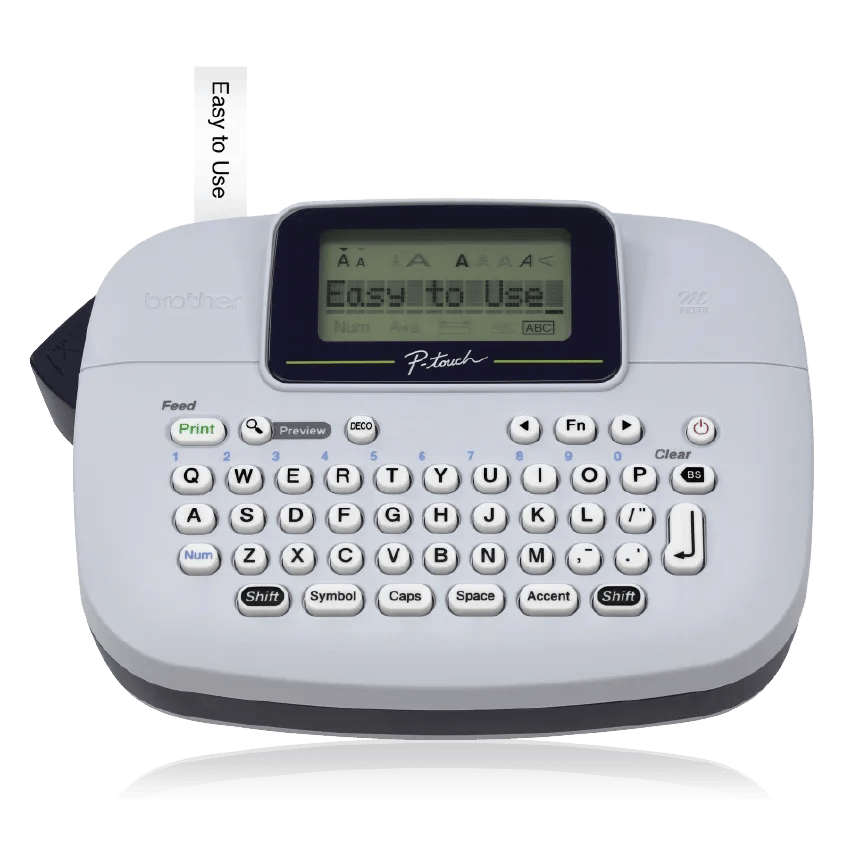 Brother P-touch PT-M95 gray handheld label maker with QWERTY keyboard, single-line display and manual cutter controls