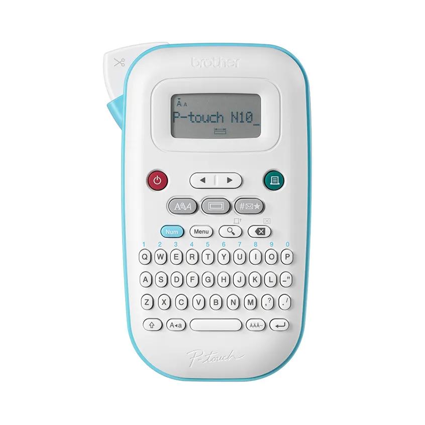 Brother P-touch PT-N10 white-and-blue handheld label maker with QWERTY keyboard and display
