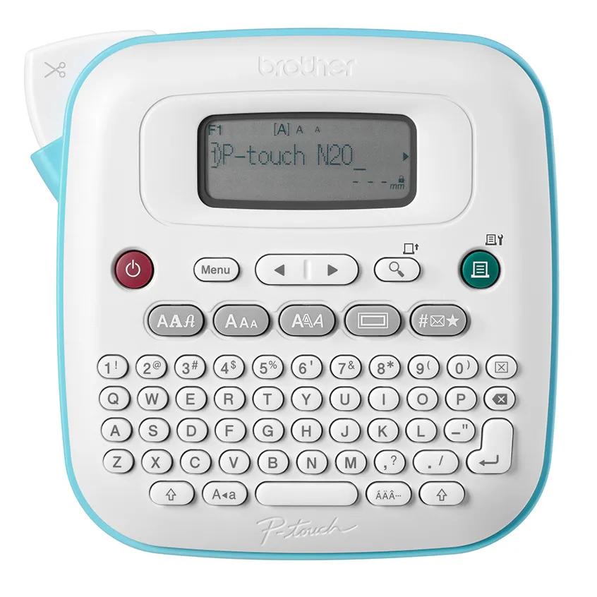 Brother P-touch PT-N20 white-and-blue label maker with broad QWERTY keyboard and display